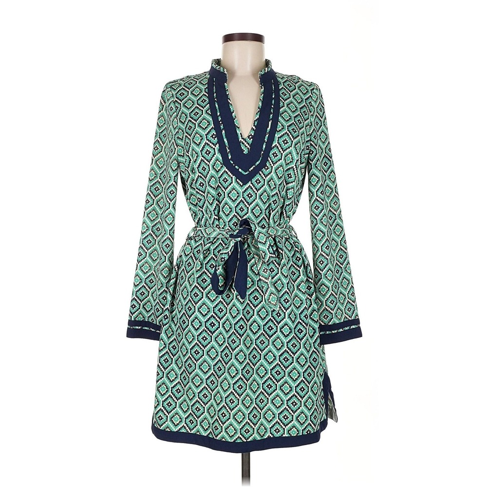Esley Green Geometric Print Long‎ Sleeve Belted Shift Dress Size M